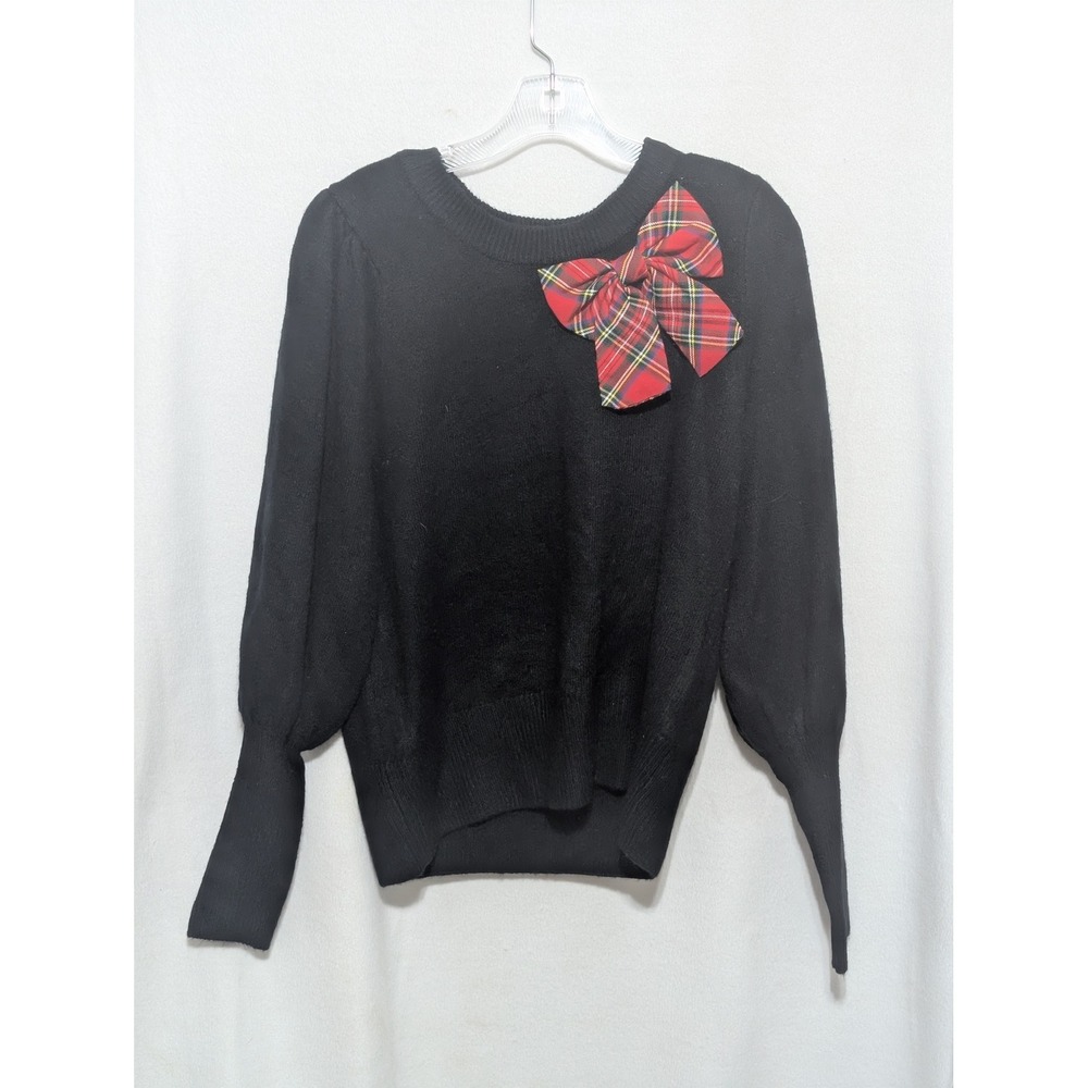 CeCe Womens Black Puff Sleeve Sweater Red Plaid Bow Shoulder Accent Size M